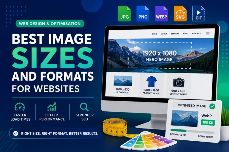 recommended website image sizes, formats and optimisation benefits for faster loading and stronger SEO.
